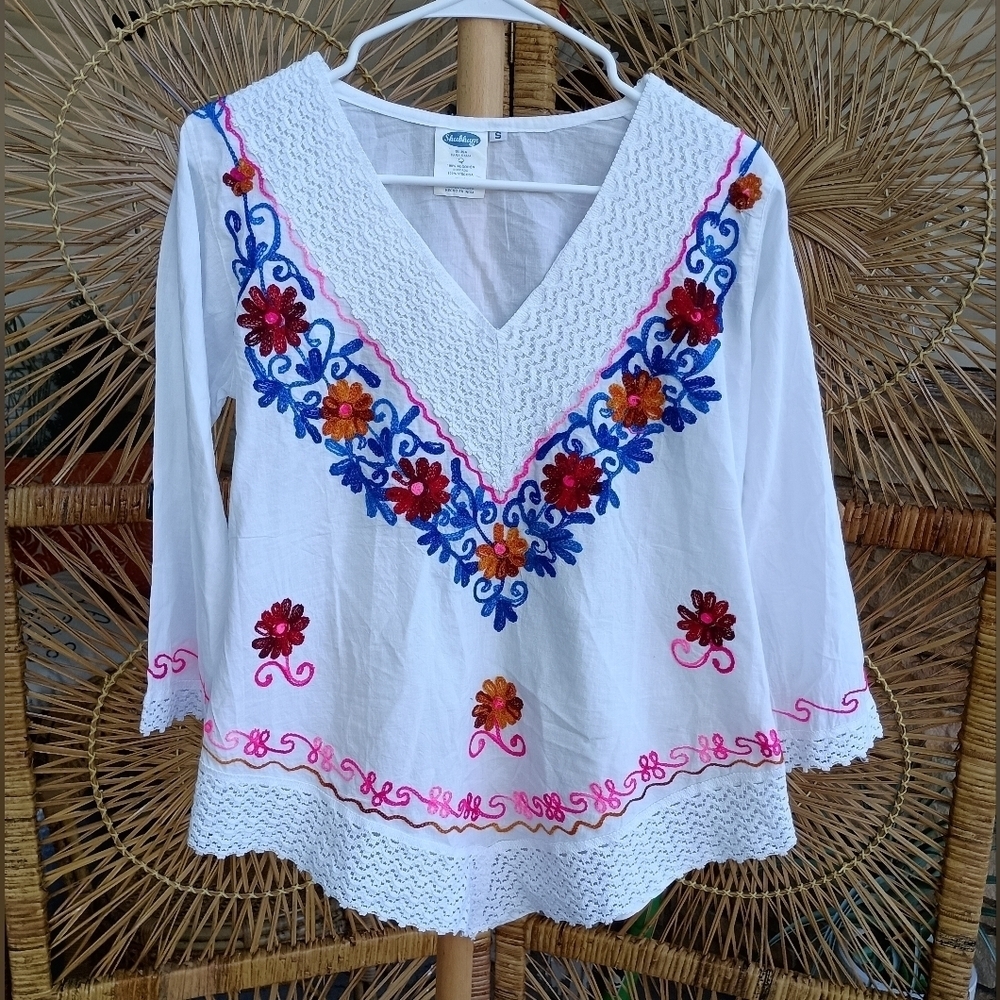 Shubham White Embroidered 3/4 Sleeve Blouse Relaxed Fit_S